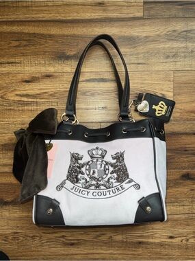 Juicy Couture White Tote with Black Trim and Crest Logo